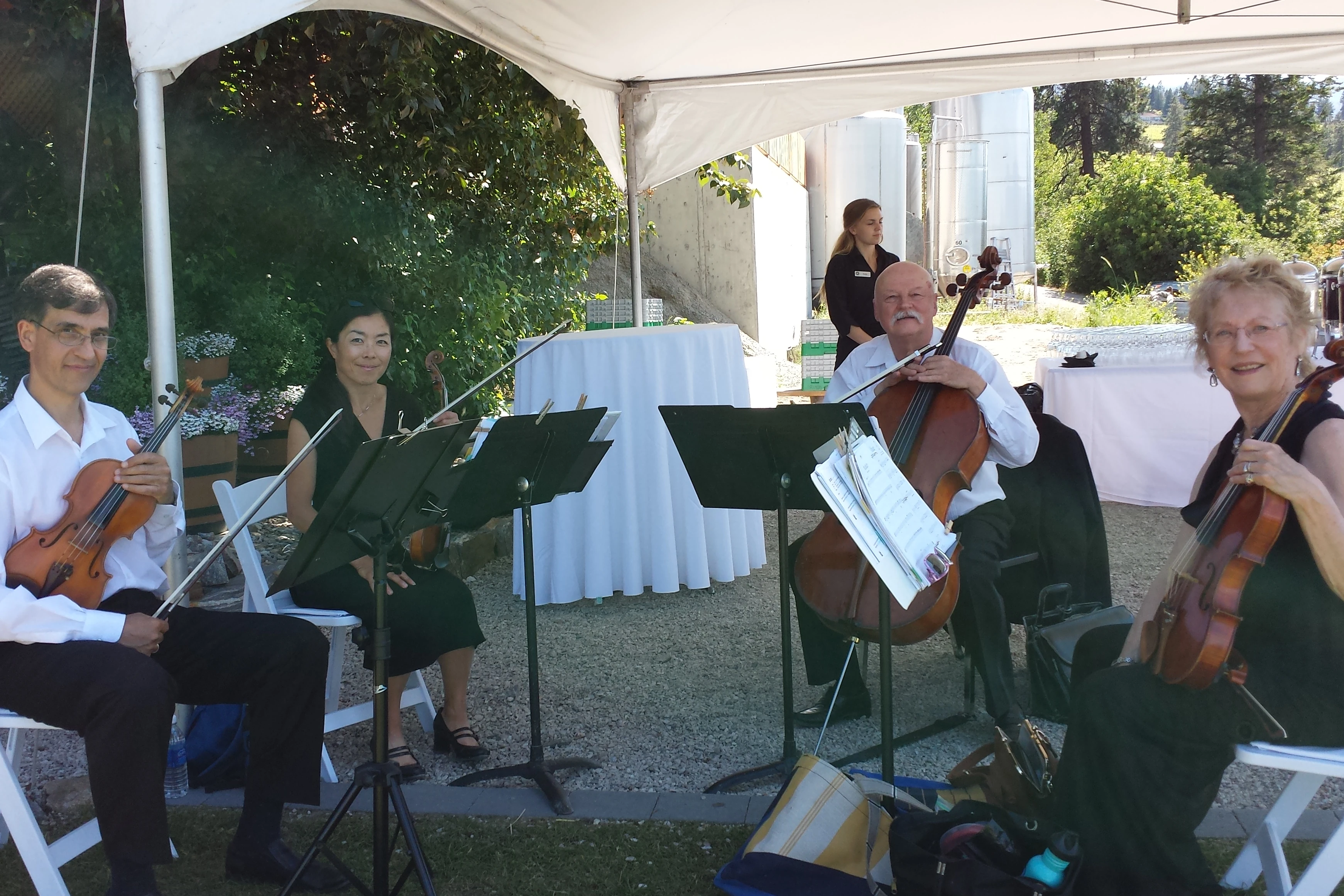 A string quartet sits partly under a wedding tent, smiling at the camera.